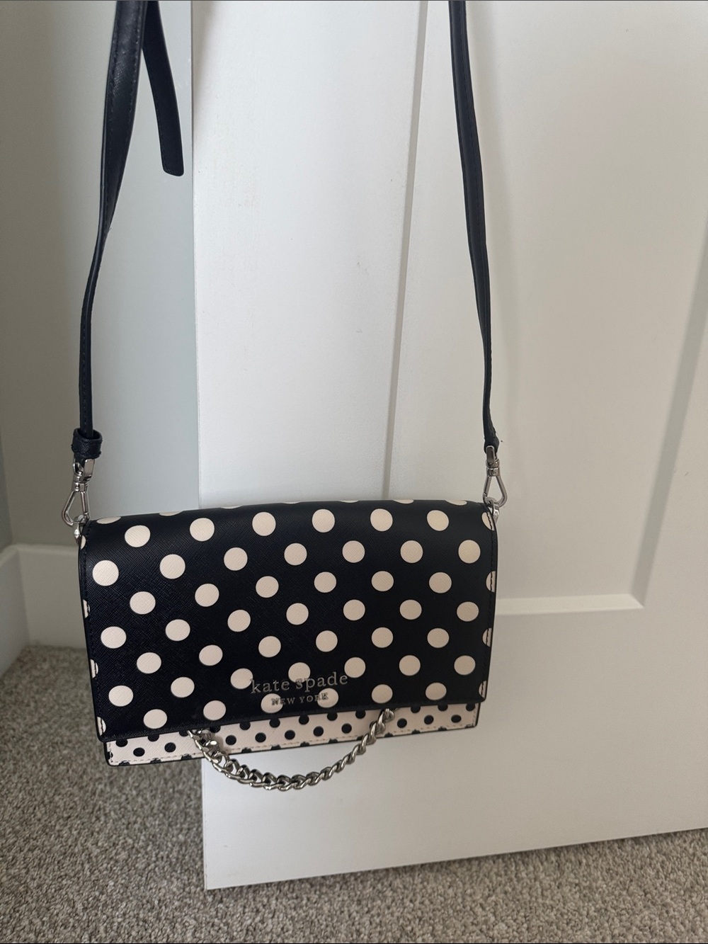 kate spade Black and White Polka Dot Crossbody with Chain Detail